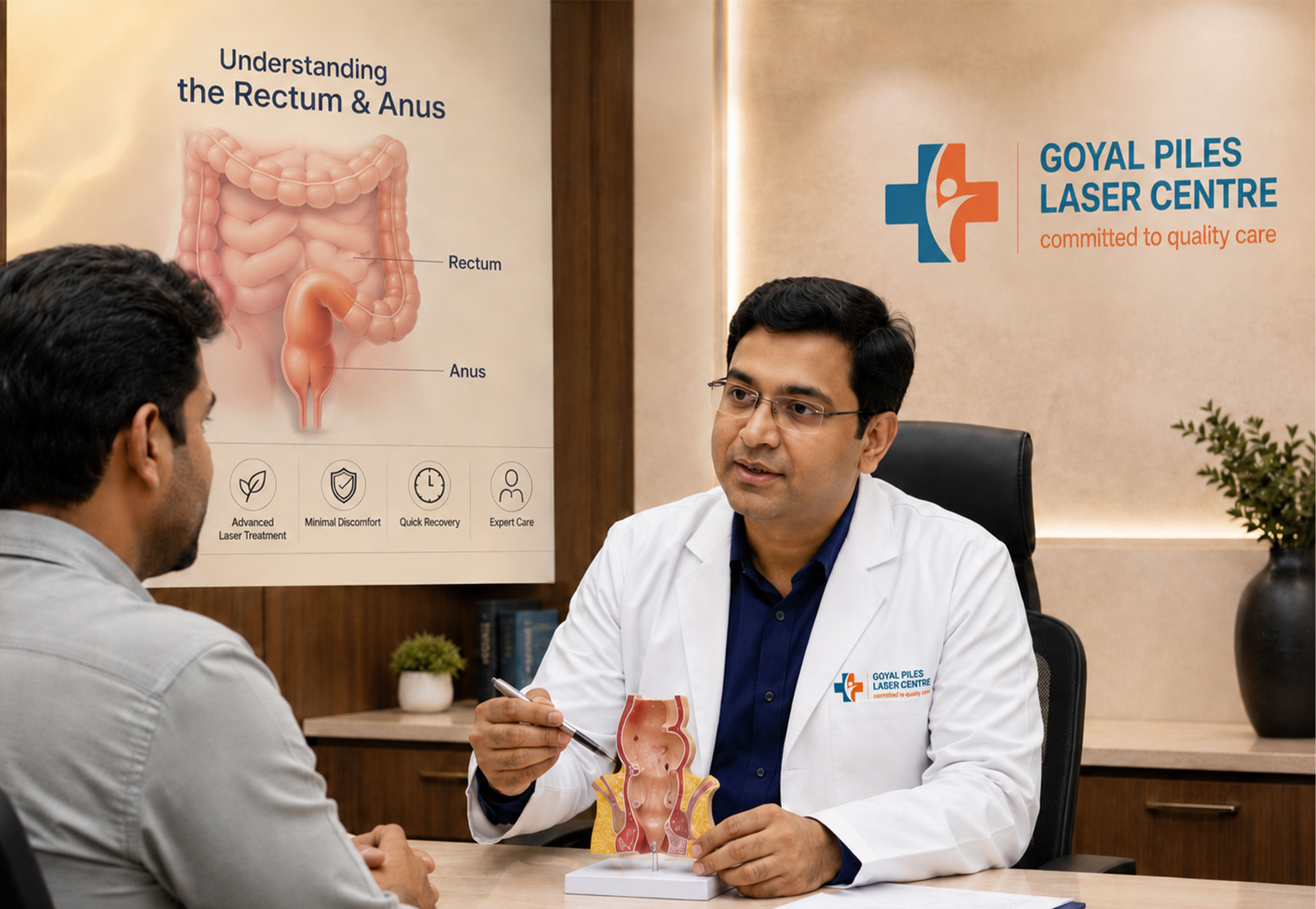 A colorectal specialist consults with a patient, using an anatomical model to explain hemorrhoids during a clinic visit. A poster illustrating the rectum and anus is displayed in the background.
